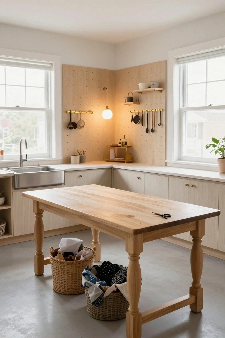 Corner of a light-filled kitchen with white cabinets, stainless steel farmhouse sink, light wood pegboard wall holding brass rails with hanging cookware and utensils, wooden table with turned legs, and wicker baskets containing fabric underneath.