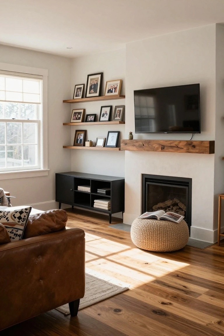 A living room corner with white walls, floating wooden shelves holding framed photos above a mounted TV and fireplace topped by a chunky reclaimed wood mantel, black media cabinet below, leather sofa nearby on hardwood floors.