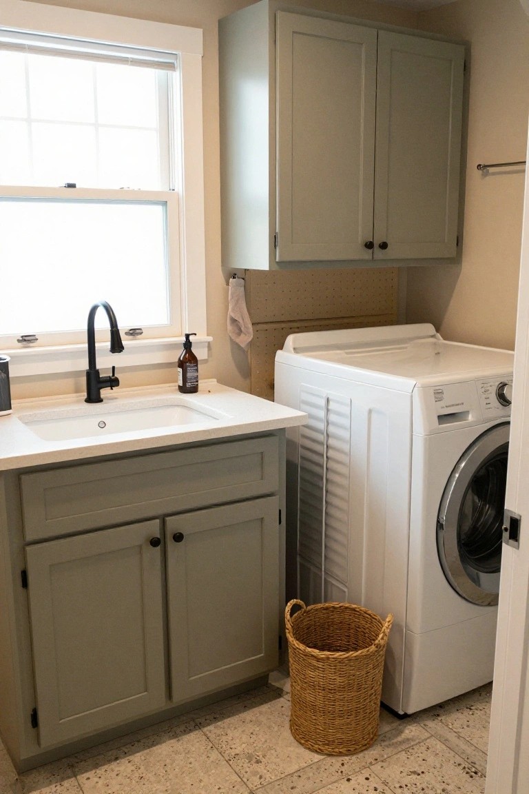 Laundry room with sage green lower and upper cabinets, white utility sink, white front-load washer, black faucet, wicker basket, and window on beige walls with terrazzo tile floor.