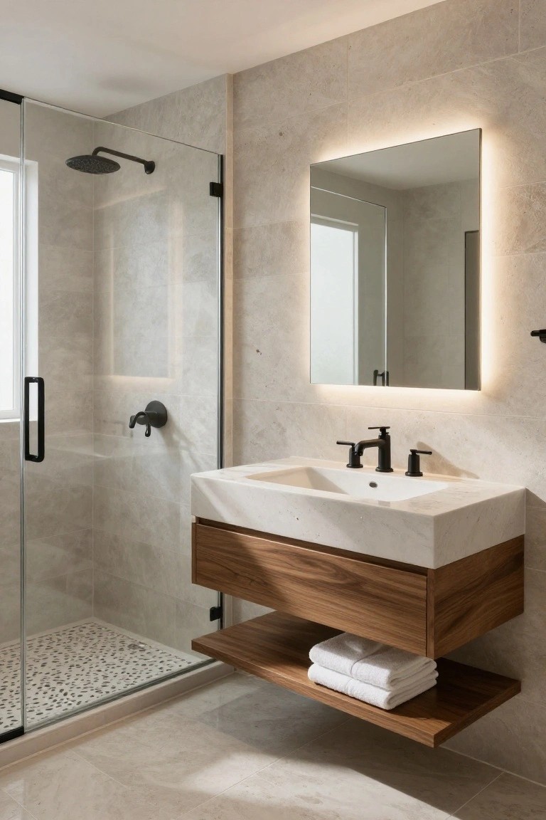 Modern bathroom with floating walnut wood vanity and shelf holding white towels, white stone sink with black faucet, frameless glass shower enclosure, and light beige pebble shower floor and tile walls.