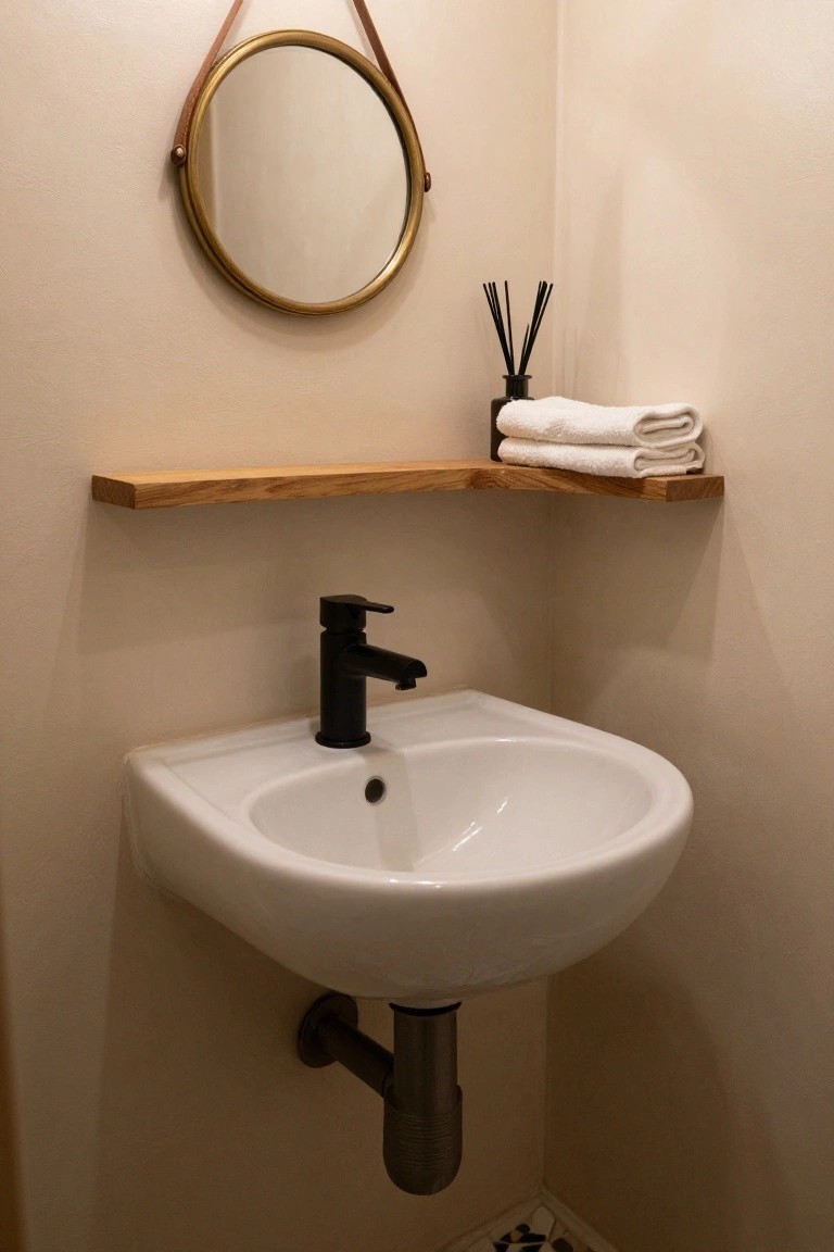 Beige corner bathroom with white wall-mounted sink and black faucet, oak L-shaped floating shelf holding white towels and black reed diffuser bottle, round brass mirror on wall.