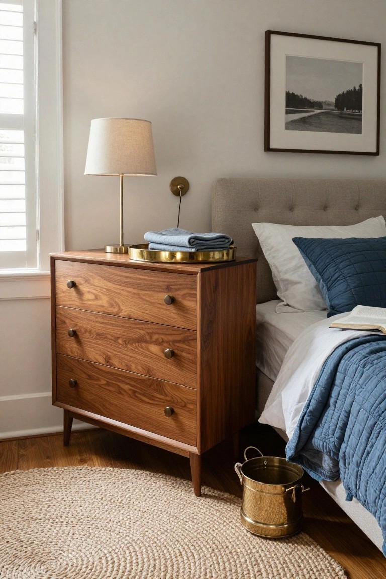 Corner view of a bedroom with a three-drawer walnut dresser used as nightstand next to a bed draped in blue quilt and pillows, topped by a table lamp, brass tray with blue linens, and brass bucket on seagrass rug.