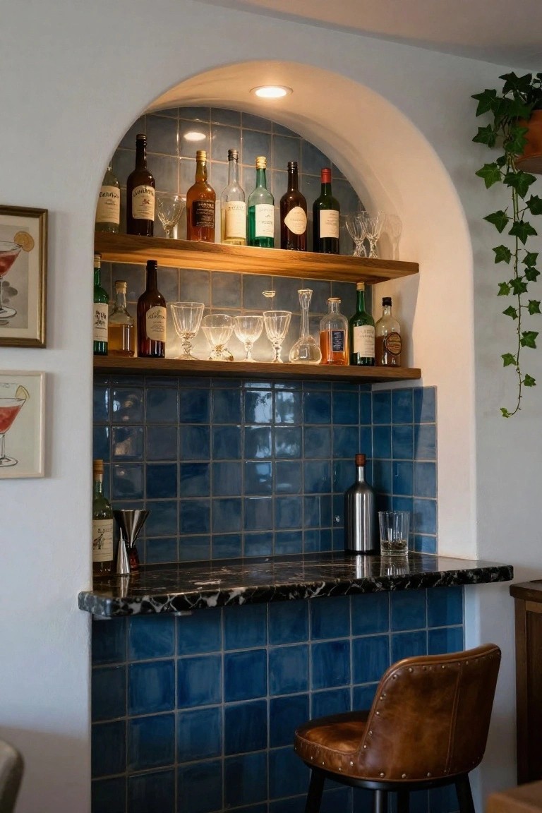 Indoor arched alcove bar with blue subway-style tiles, wooden shelves stocked with liquor bottles and glassware, black marble countertop holding a cocktail shaker and glass, and a tan leather bar stool.