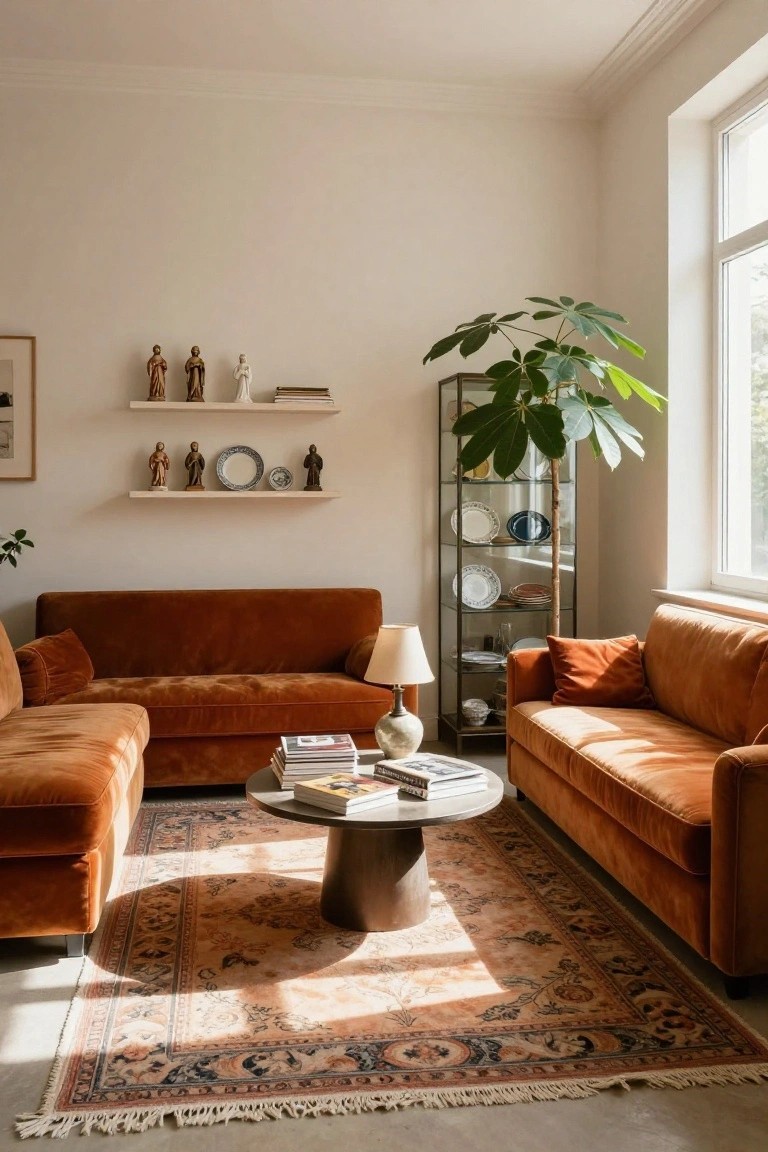 A bright living room with two burnt orange velvet sofas facing each other across a round wooden coffee table on a patterned rug, shelves with wooden figurines and plates on white walls, a glass cabinet with dishes, and a tall potted plant by the window.