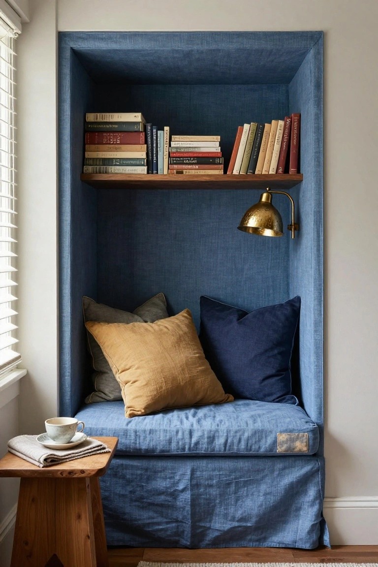 Recessed blue upholstered window bench with wooden shelf of assorted books above, pillows in neutral and blue tones, brass wall lamp, and wooden stool table with teacup next to window blinds.