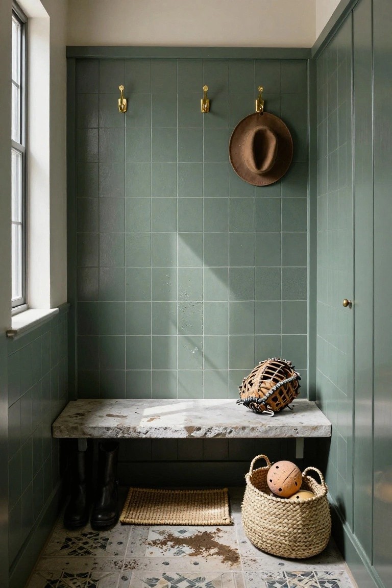 Green subway tile walls in a narrow mudroom with brass hooks holding a brown hat, a stone bench holding a baseball glove, black boots underneath, a wicker basket with an orange ball beside it, and patterned floor tiles.