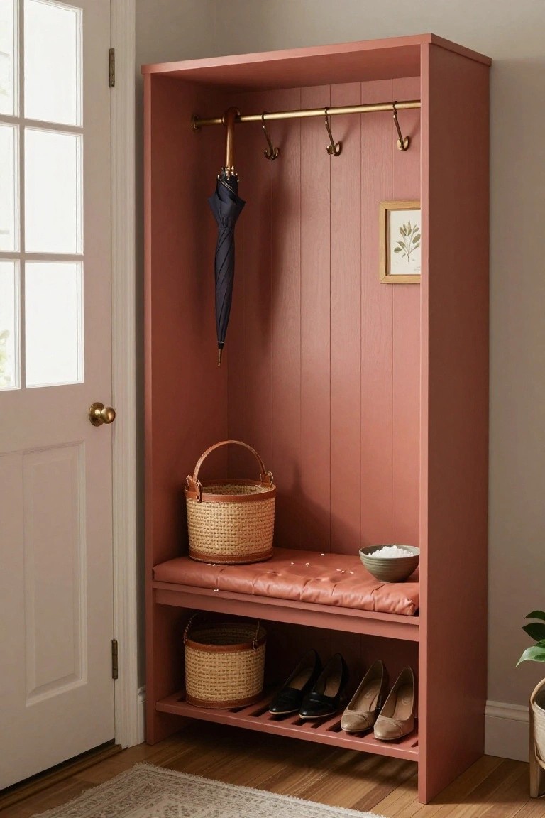 Tall pink wooden cabinet with brass coat hooks holding an umbrella, cushioned bench seat with wicker baskets and a bowl, and lower shelf with shoes and another basket, next to a white door in a home entryway.