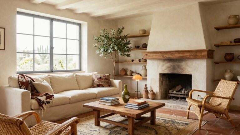A living room interior with exposed dark wooden ceiling beams, white curved walls, a stone fireplace with terracotta pots on shelves, a white sofa with orange pillows, wooden coffee table, rattan chairs, and a patterned rug.