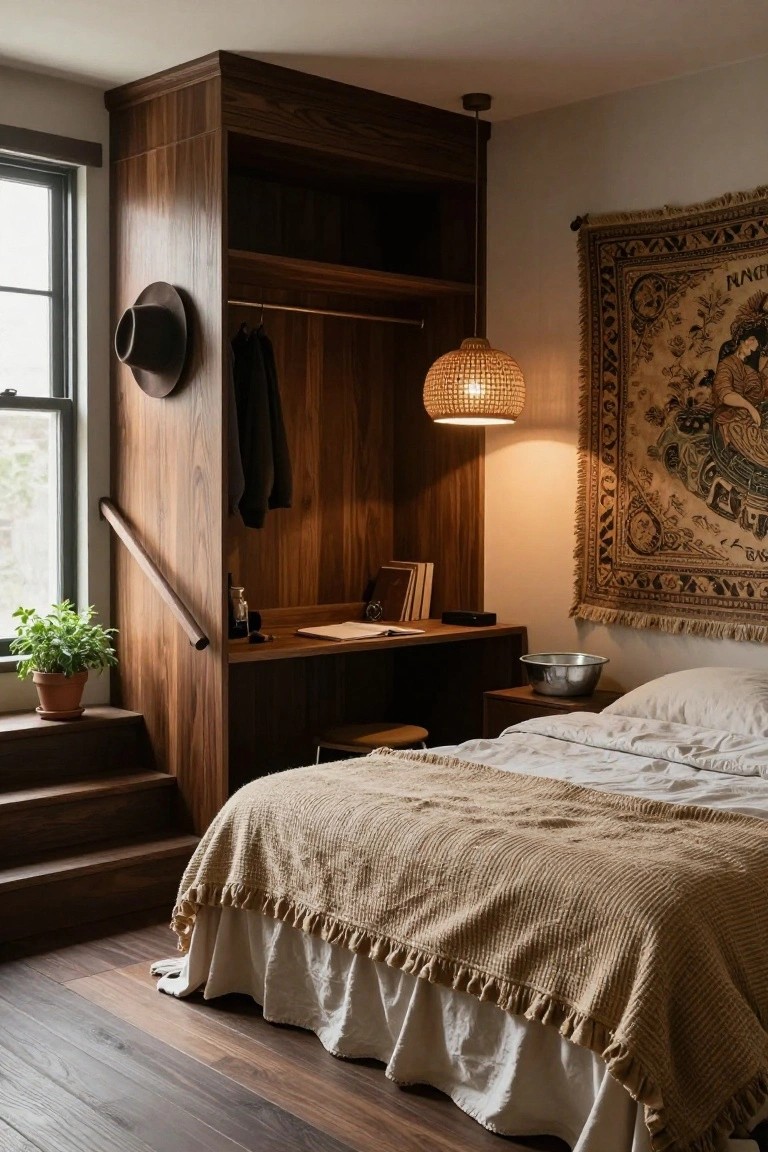 Tall walnut wood built-in cabinet in a bedroom corner with open shelves, hanging clothes rod, integrated desk, wooden handrail and steps, rattan pendant light, potted plant, tapestry wall hanging, and bed with beige linens on hardwood floor.
