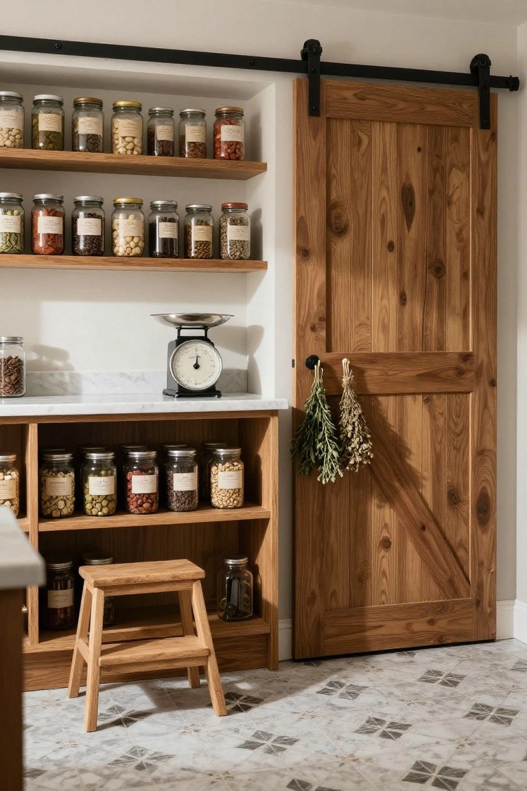 Kitchen pantry with open wooden shelves stocked with glass jars of nuts, beans, spices, and dried fruits, a metal scale on white marble countertop, wooden step stool, and sliding barn-style door.