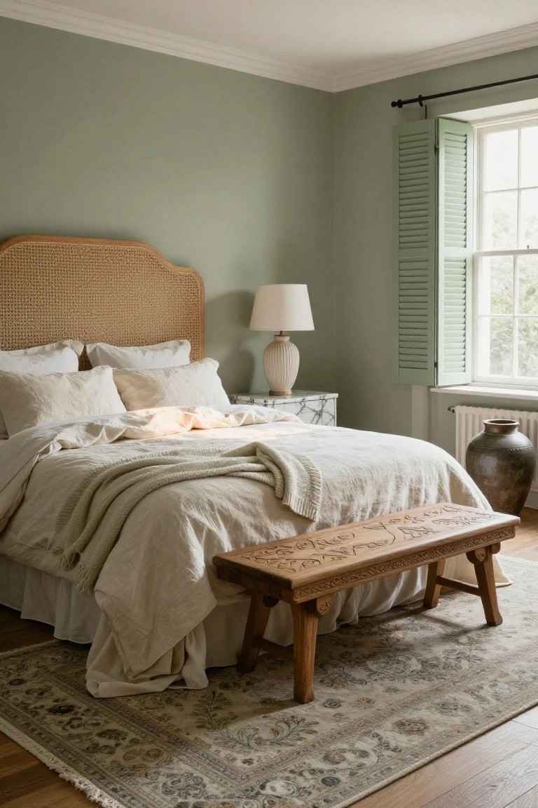 Bedroom interior with pale green walls, curved rattan headboard on a bed with rumpled white linen bedding and throw, marble bedside table with white lamp, carved wooden bench at bed foot, large pottery vase by radiator, green shutters on window, and beige Persian rug on hardwood floor.