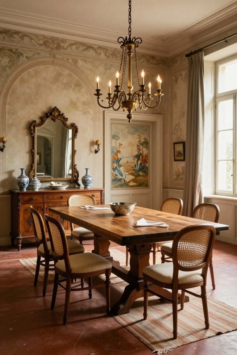 Sunlit dining room interior with large rectangular wooden trestle table, six cane-backed chairs with cushions, antique wooden buffet holding blue porcelain vases, ornate gilded chandelier, framed mirror, painted door panel, and tall windows on terracotta floor.