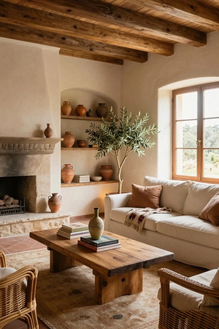 A living room interior with exposed dark wooden ceiling beams, white curved walls, a stone fireplace with terracotta pots on shelves, a white sofa with orange pillows, wooden coffee table, rattan chairs, and a patterned rug.
