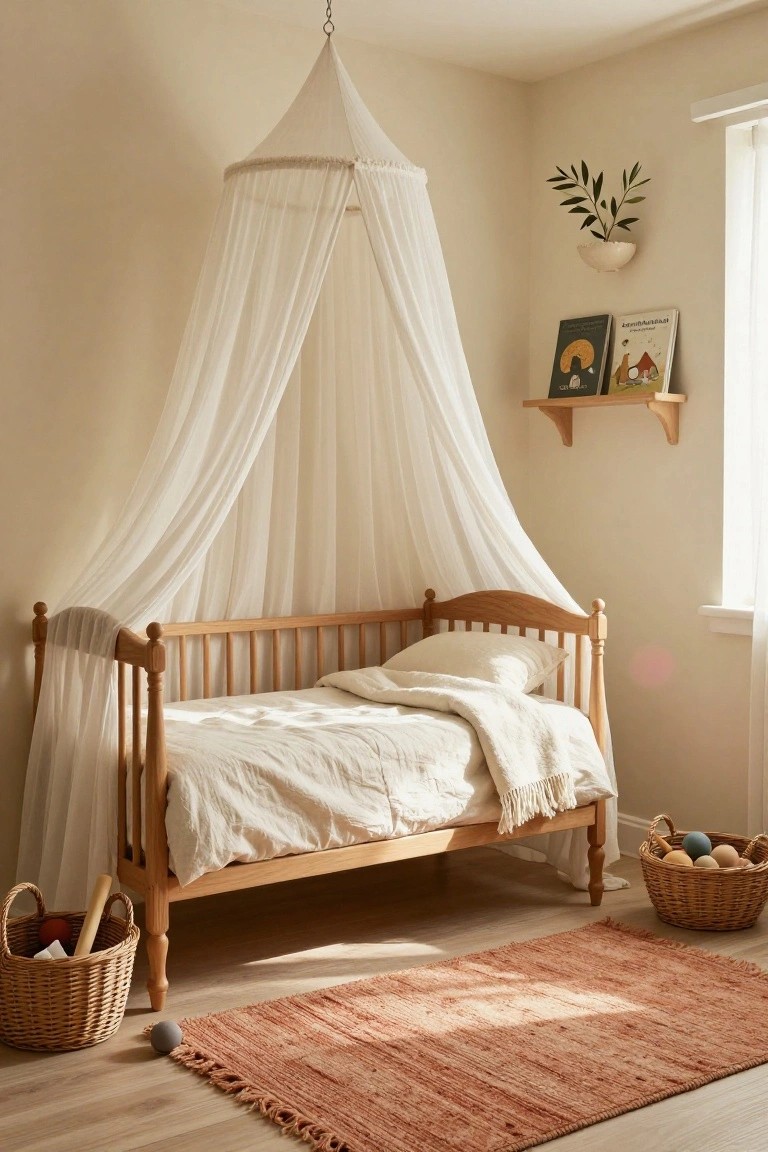 Wooden crib with white sheer canopy hanging from the ceiling in a beige nursery room featuring wicker baskets with toys, bookshelves, a potted plant, and a terracotta rug on wood floors.