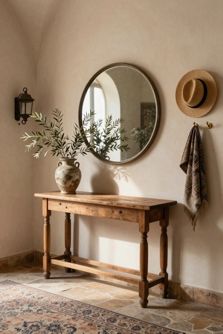 Rustic wooden console table with terracotta vase of olive branches next to large round mirror on beige plaster wall in arched corner, wall lantern, hooks holding straw hat and scarf, terracotta tile floor with patterned rug.