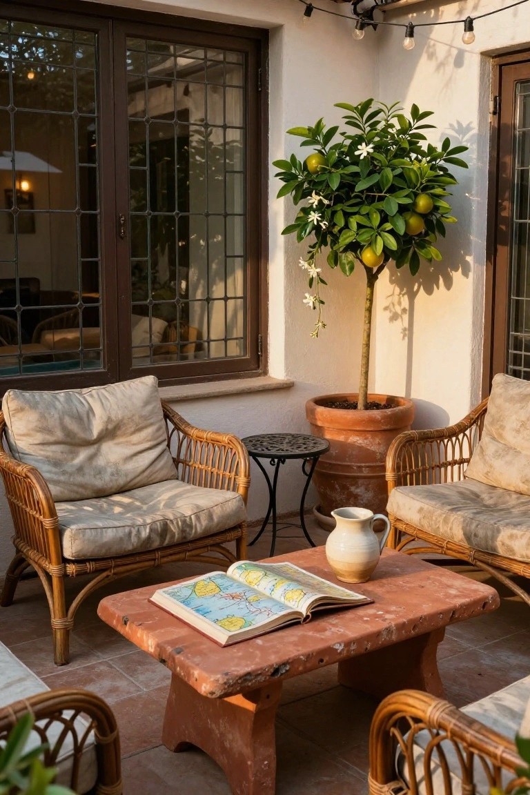 Outdoor terrace with two beige cushioned wicker armchairs flanking a low reddish wood table holding an open world atlas and white ceramic pitcher, beside a large terracotta pot containing a lemon tree with fruit and flowers, French doors with leaded glass windows nearby, and string lights overhead.