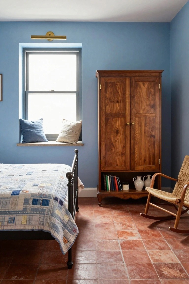 Bedroom interior with light blue walls, tall wooden armoire, iron bed with patchwork quilt, rattan rocking chair, window seat with blue and white pillows, and terracotta tile floors.