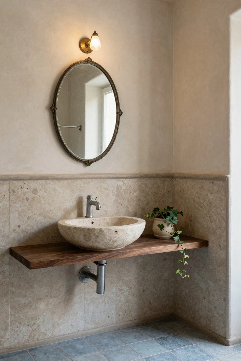 Corner bathroom with oval brass-framed mirror, brass wall sconce, floating walnut shelf holding white stone vessel sink and ivy plant, travertine tiled walls and backsplash, stainless steel faucet and drain pipe, blue tiled floor.