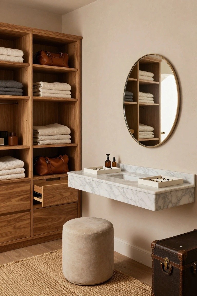 Bathroom interior with tall oak shelving units stocked with folded white and gray linens and towels, floating white marble vanity with sink and trays, gold-framed round mirror, cream pouf stool, jute rug, and brown leather trunk on wood floor.