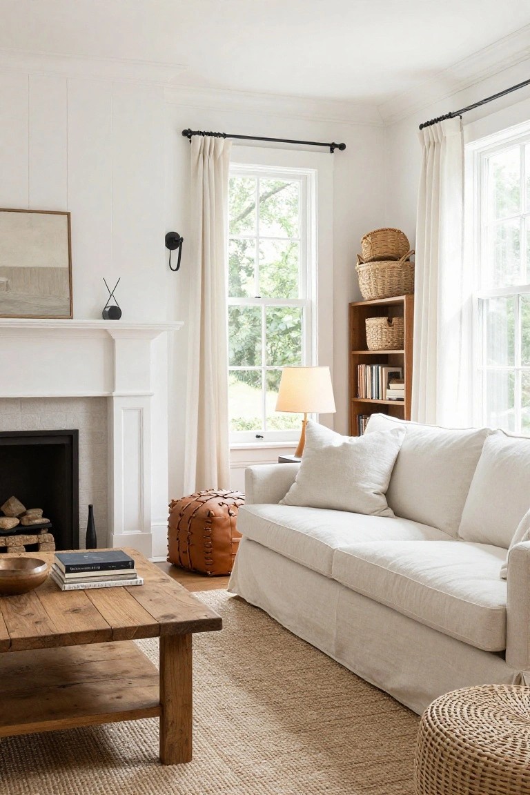 A modern farmhouse living room with white shiplap walls, white trim, a white slipcovered sofa, rustic wooden coffee table, white fireplace, woven baskets on shelves, and large windows with white curtains.