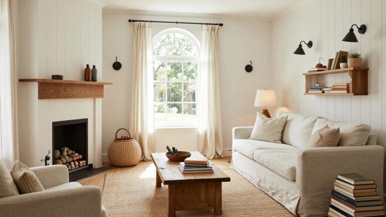23 Inspiring Modern Farmhouse Interior Design Paint Color Ideas You’ll Love A modern farmhouse living room with white shiplap walls, white trim, a white slipcovered sofa, rustic wooden coffee table, white fireplace, woven baskets on shelves, and large windows with white curtains.