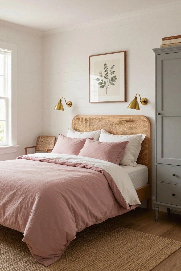 A bedroom with white shiplap walls, rattan headboard, blush pink duvet and pillows, white sheets, gold wall sconces, gray armoire, books on top, fern print artwork, rattan chair, seagrass rug, and hardwood floors.