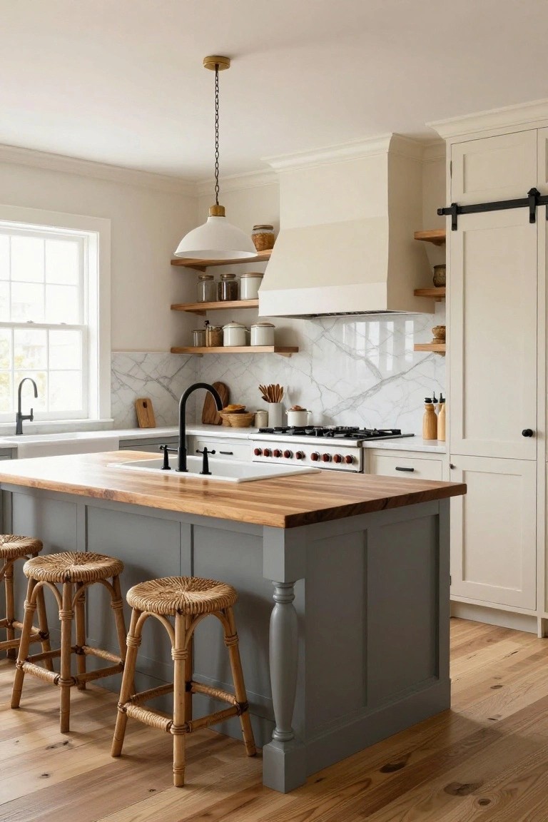 Modern farmhouse kitchen with central gray island topped by wood countertop and sink, creamy white cabinets, marble backsplash, rattan bar stools, and open shelving.
