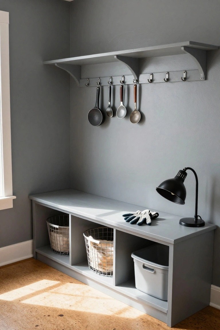 Gray painted wooden bench with open cubbies containing wire baskets and a plastic bin, rubber gloves on the seat next to a black desk lamp, and above it a shelf with hooks holding metal kitchen utensils against gray walls in a corner room.