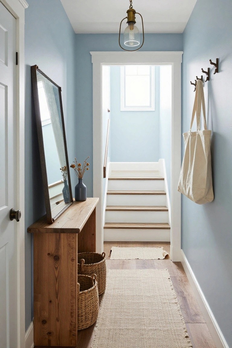 Narrow hallway with pale blue walls, wooden console table holding large framed mirror, blue vase with dried flowers, and two wicker baskets on floor, coat hooks with canvas tote bag, white-painted stairs ahead, brass ceiling light, and beige seagrass runner on hardwood floors.