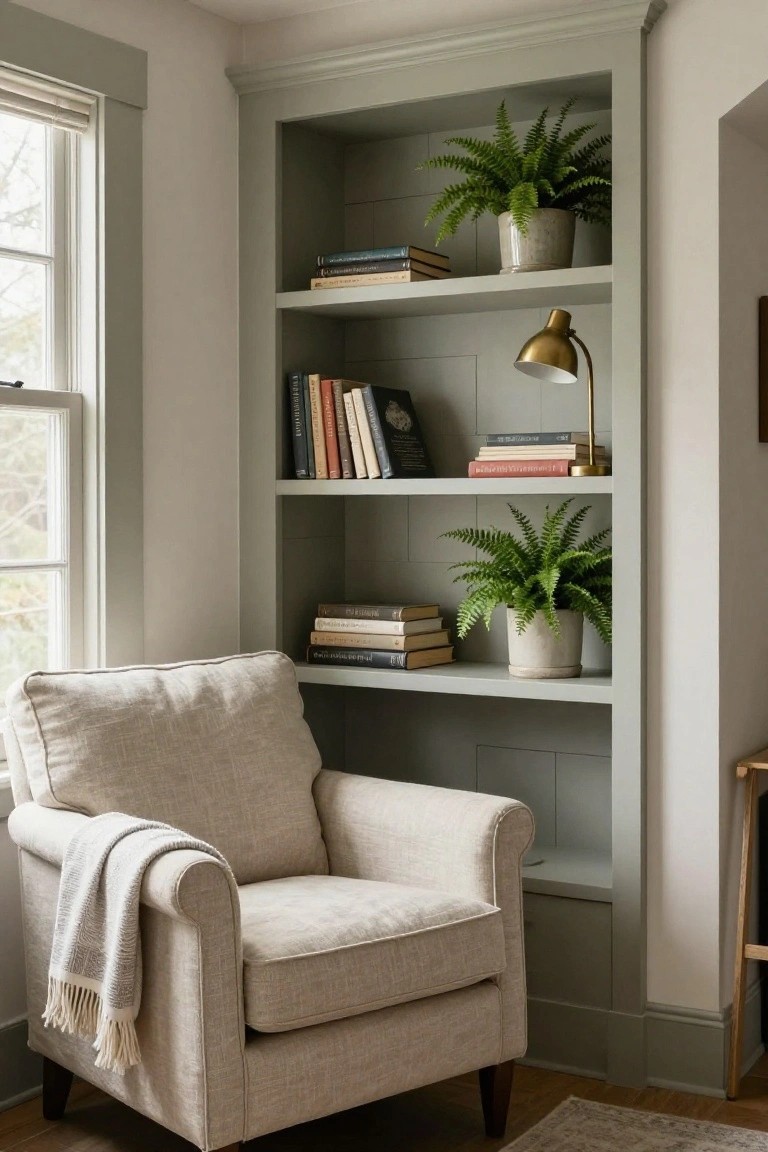 Corner built-in bookshelves painted sage green holding books and potted ferns, with a cream upholstered armchair draped in a light throw, brass lamp, and window nearby.