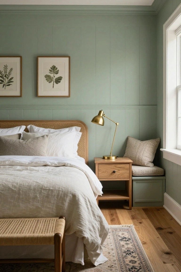 Bedroom with sage green vertical plank walls, rattan headboard bed dressed in white and cream linens, oak nightstand topped with brass lamp, built-in window seat with cushion, and hardwood floors.