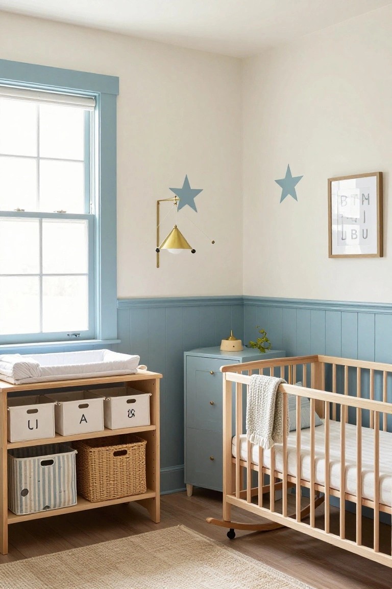 Nursery room with light blue wainscoting on lower walls, off-white upper walls, wooden changing table with labeled bins, blue dresser, wooden rocking crib, and gold lamp near window.