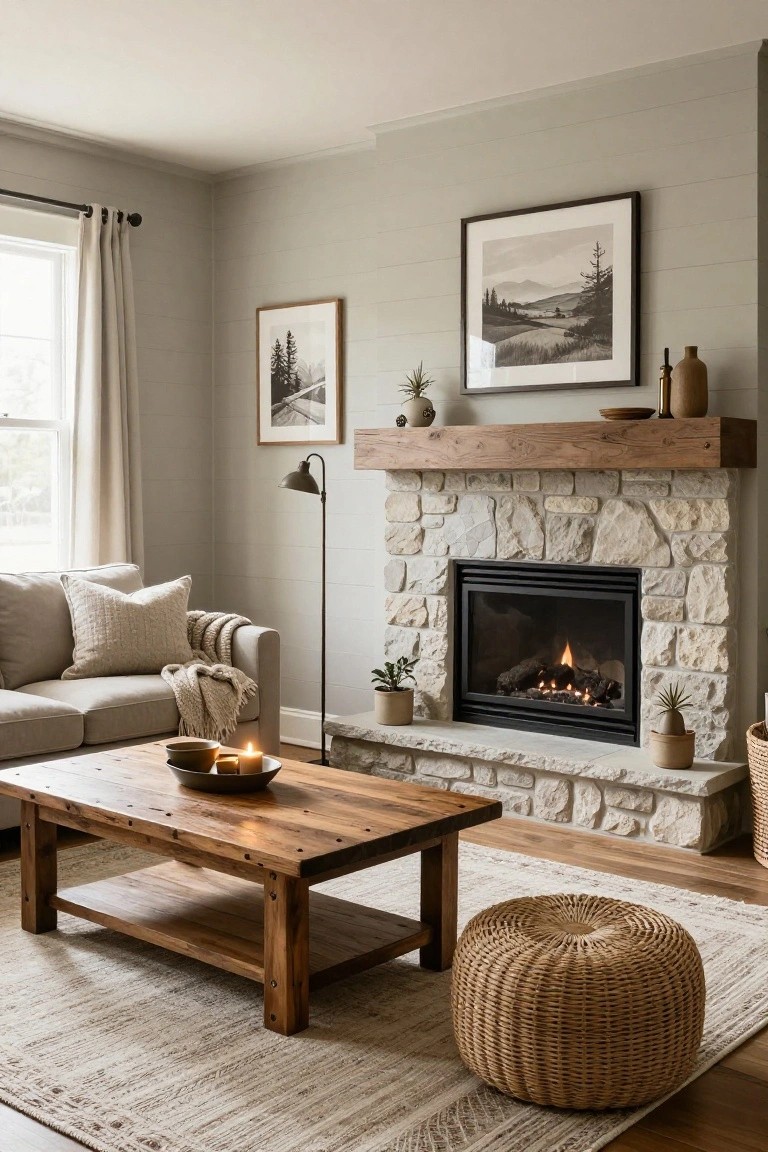 A modern farmhouse living room with light greige shiplap walls, a wood-mantled stacked stone gas fireplace, beige sofa, wooden coffee table, neutral rug, and potted plants.