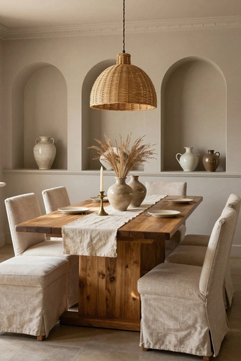 A beige-walled dining room in modern farmhouse style featuring arched niches with ceramic vases and pampas grass, a wooden table with white plates and linen runner, cream upholstered chairs, woven pendant light, and beige ottomans.