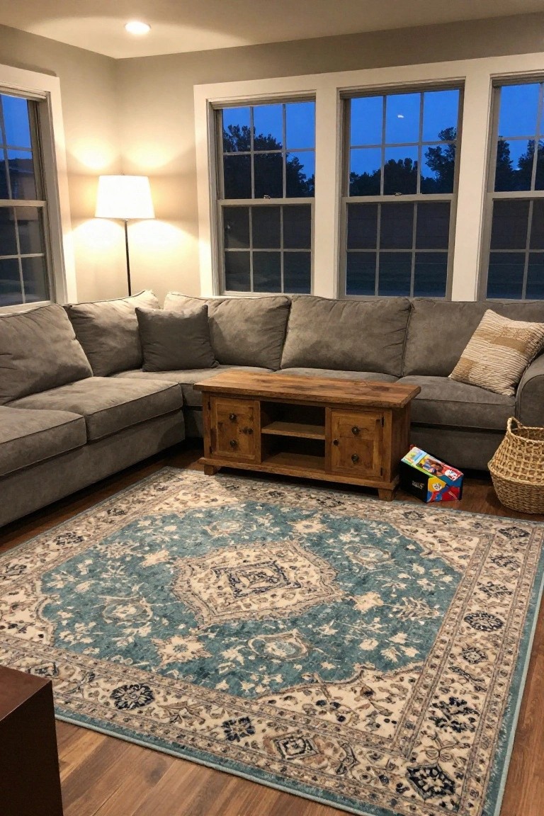 Blue Rug in a Farmhouse Living Room