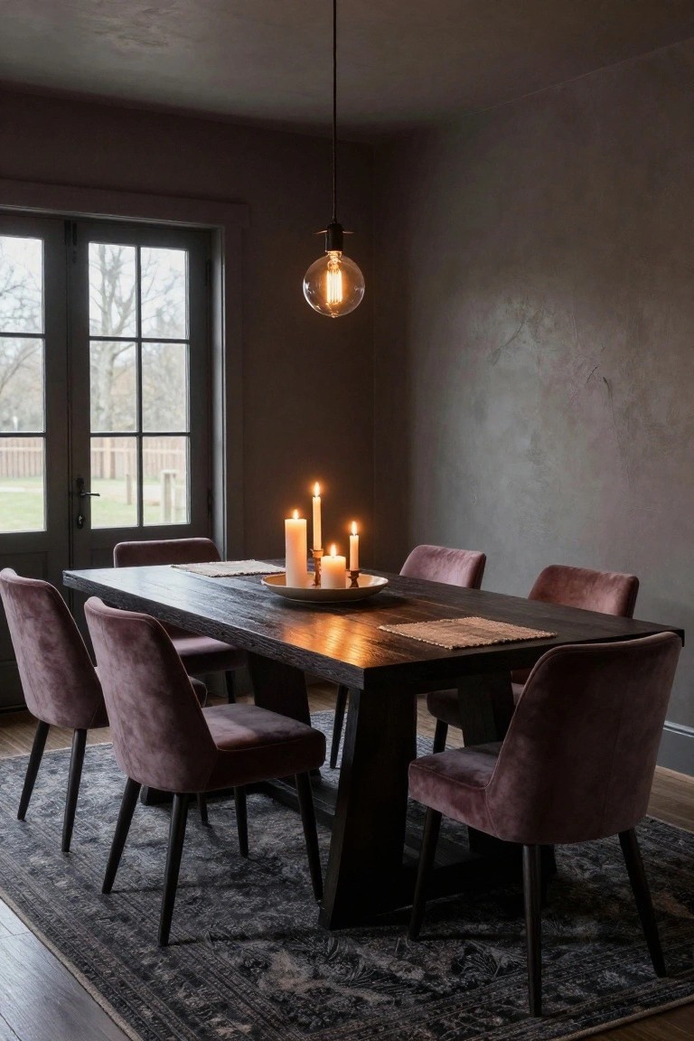 Modern farmhouse dining room with rectangular dark wood table, six purple velvet upholstered chairs, white platter holding lit candles centered on a linen runner, large dark patterned rug underneath, and gray French doors to yard beyond.