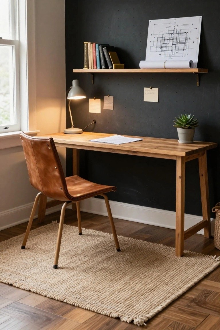 Wooden desk with tan leather chair on beige jute rug in corner room with dark wall, floating oak shelves holding books and blueprints, desk lamp, potted succulent, and post-it notes.