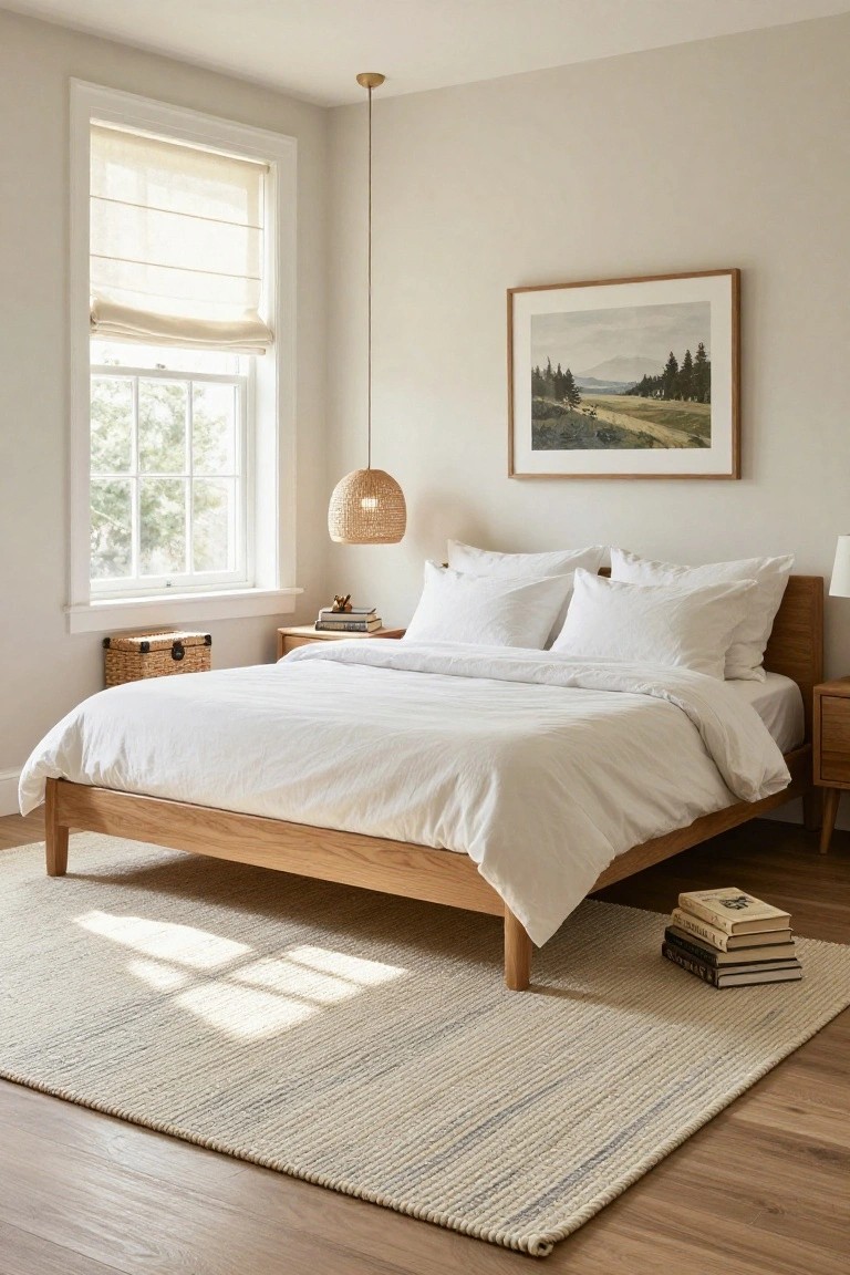 Bedroom corner featuring an oak wood bed with white linens, a light beige woven rug on hardwood floors, rattan pendant light, landscape print on the wall, and sheer window shades.