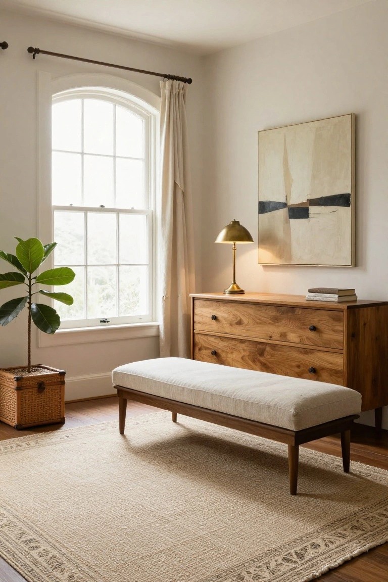 Bedroom corner with arched window draped in cream curtains, wooden dresser topped with books and brass lamp, abstract painting on wall, potted ficus plant in basket, white upholstered bench, and beige textured rug on wood floor.