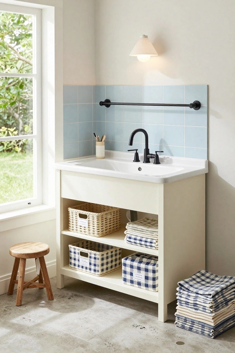 White bathroom vanity with undermount sink, black faucet, blue tiled backsplash, open lower shelf holding wicker baskets and folded towels, wooden stool nearby, and window with garden view.