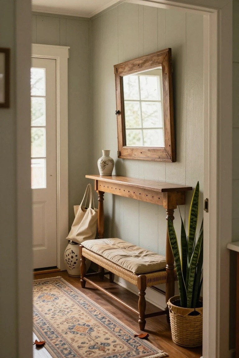 Sage green paneled entryway with wooden console table topped by vase, large wood-framed mirror above, cushioned bench, snake plant in basket, tote bags, and blue-beige oriental rug on wood floor near glass-paneled door.