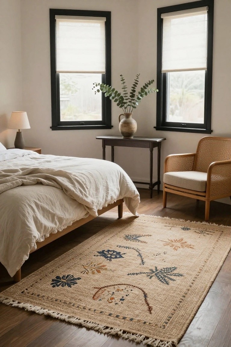 Corner view of a light bedroom with a low wood bed draped in white linens, rattan armchair, side table with lamp and terracotta vase of eucalyptus, beige flatweave rug with embroidered blue orange and rust leaf motifs, and two black-framed windows with sheer shades.