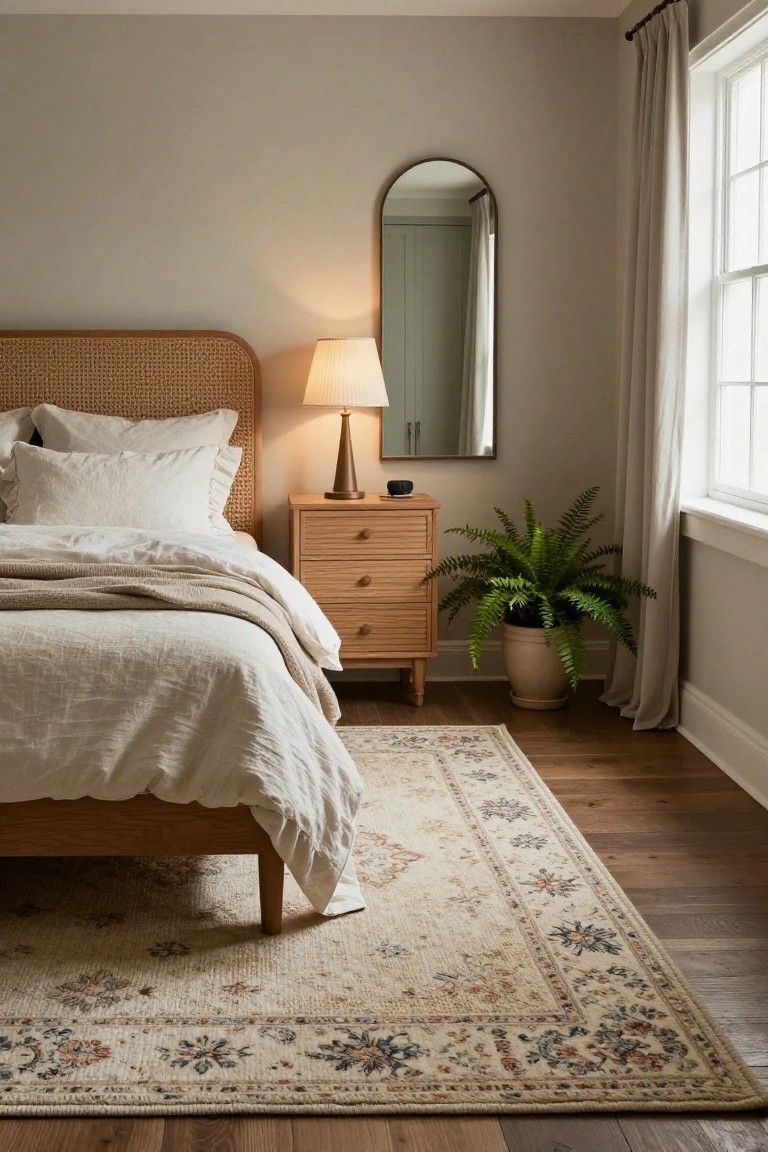Bedroom with rattan headboard bed dressed in white linen bedding, wooden nightstand and lamp, arched brass mirror, potted fern plant, beige curtains at window, and light beige patterned rug on hardwood floors.