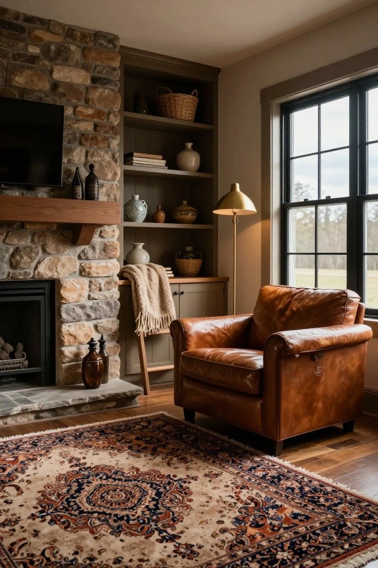Modern farmhouse living room corner featuring a stone fireplace with wooden mantel, tan leather armchair, built-in shelves with pottery and books, brass floor lamp, and large beige oriental rug with red and blue patterns on hardwood floor.