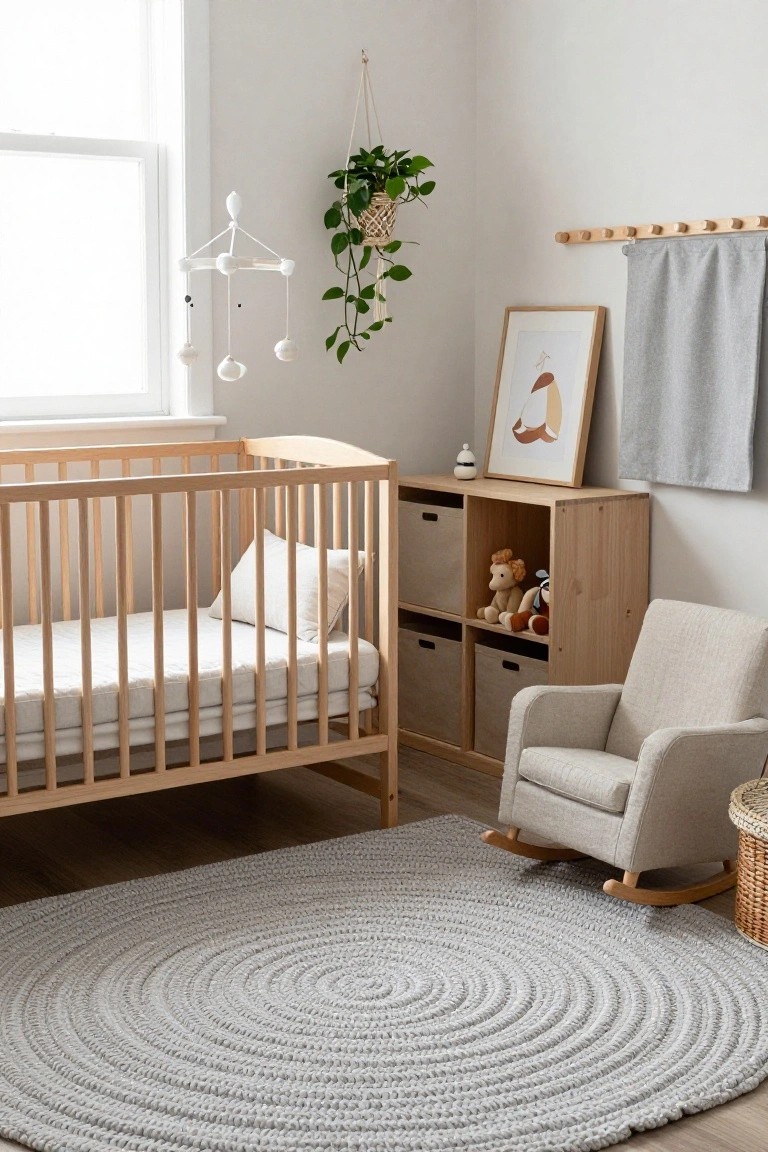 Round Gray Knit Rug in the Nursery