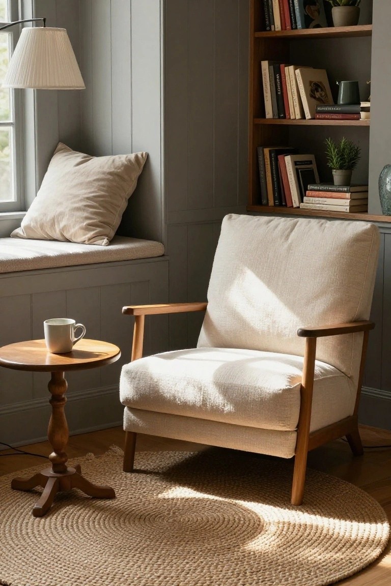 Cream upholstered armchair with wooden arms on a round jute rug next to a wooden pedestal side table holding a white mug, in a gray paneled room with bookshelves, window seat, and lamp.
