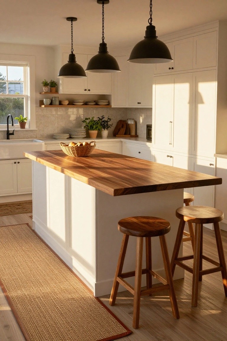 Modern farmhouse kitchen with white shaker-style cabinets, wooden island topped with butcher block, black metal pendant lights, potted plants, woven basket on island, and beige seagrass rug runner on light hardwood floors.