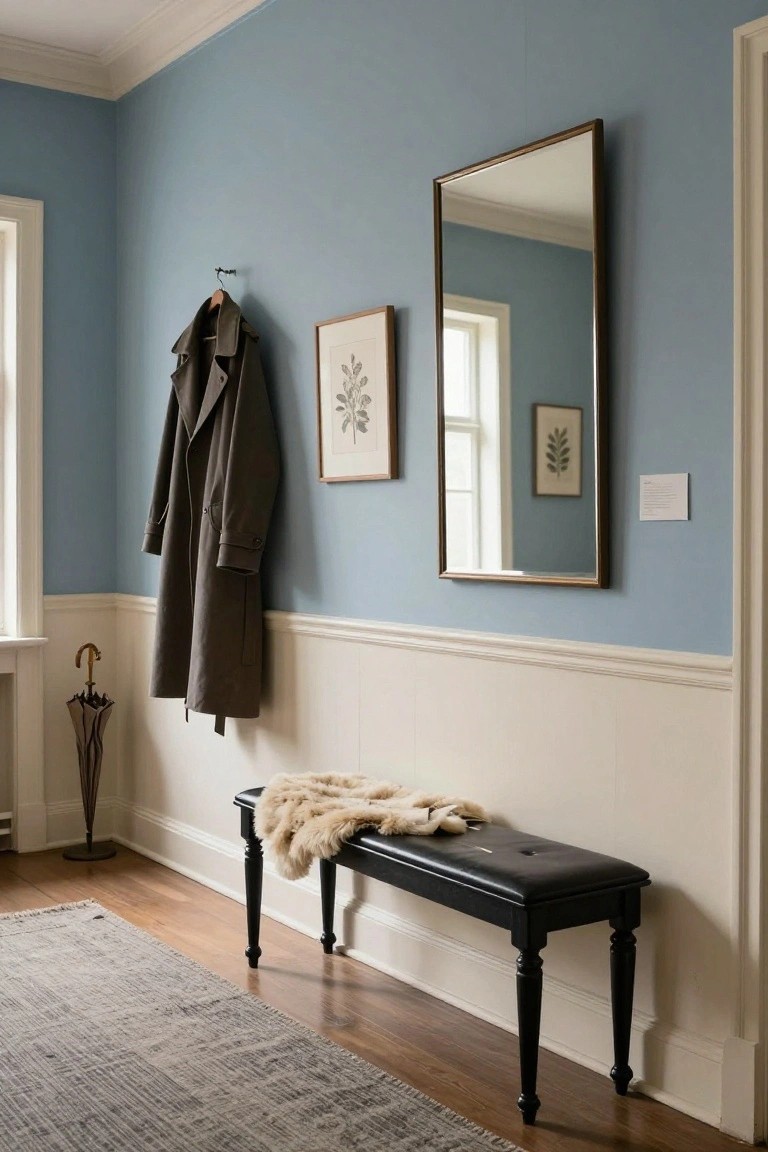 Hallway entry with pale blue upper walls, white wainscoting, hanging trench coat on hook, umbrella stand, two botanical prints, tall rectangular mirror, black bench with white fur throw, and gray patterned rug on hardwood floors.