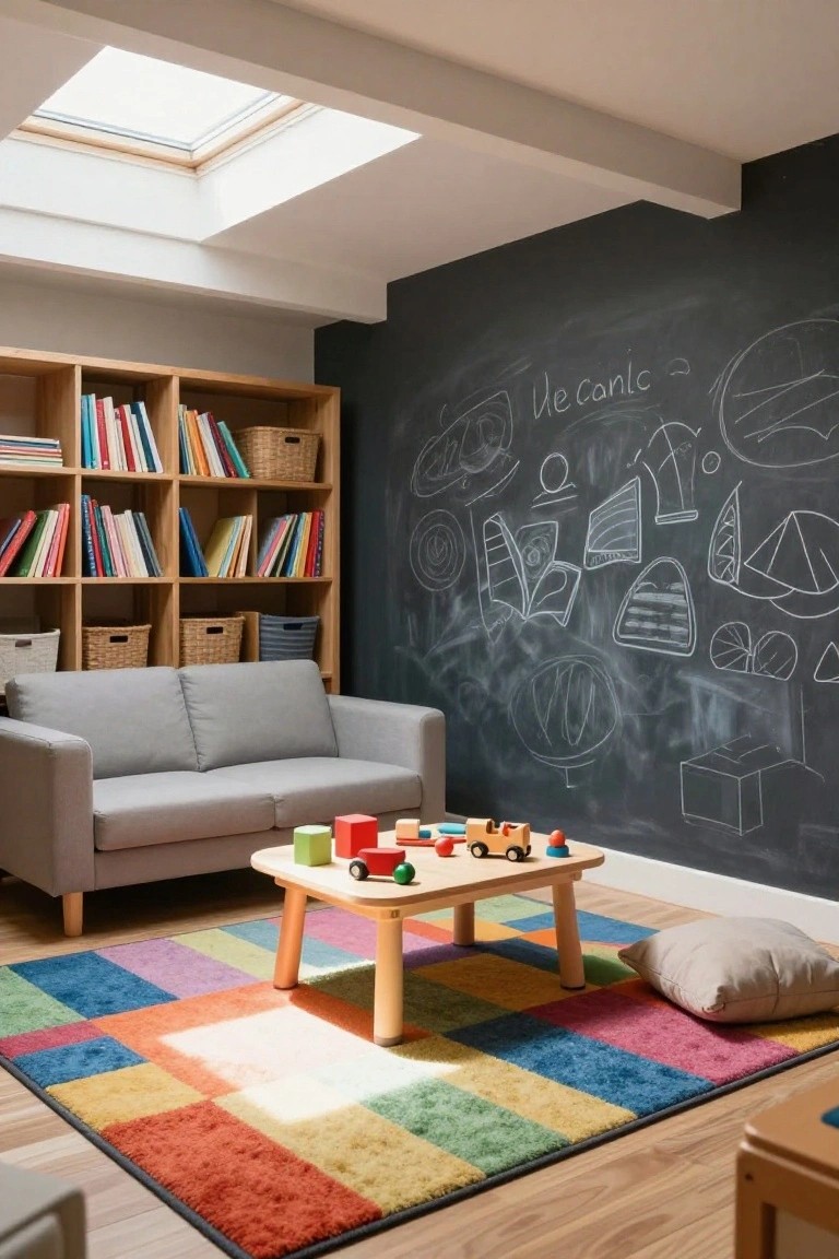Modern children's playroom featuring wooden bookshelves with books and baskets, a gray two-seater sofa, a low wooden play table with colorful toy blocks and cars, a multicolored patchwork area rug, a blackboard wall with chalk drawings, and natural light from a skylight.