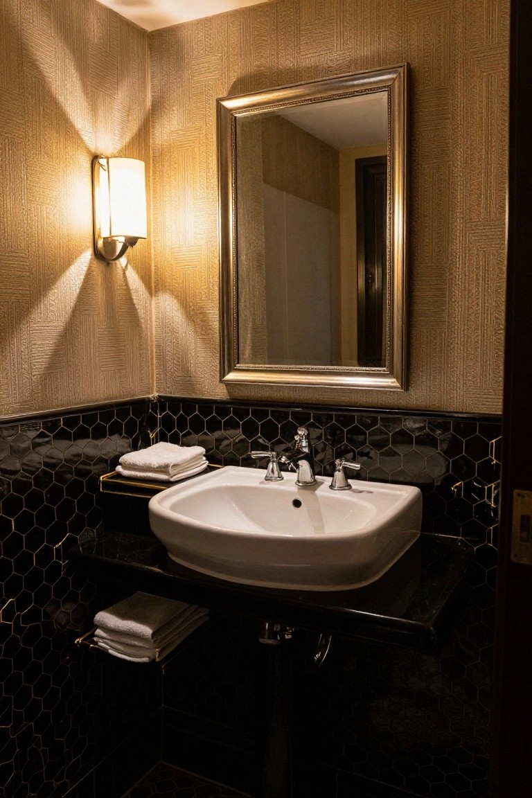 Bathroom vanity area featuring a white porcelain sink, black hexagonal tile backsplash, gold faucets and mirror frame, stacked white towels, and beige textured wallpaper walls under warm lighting.